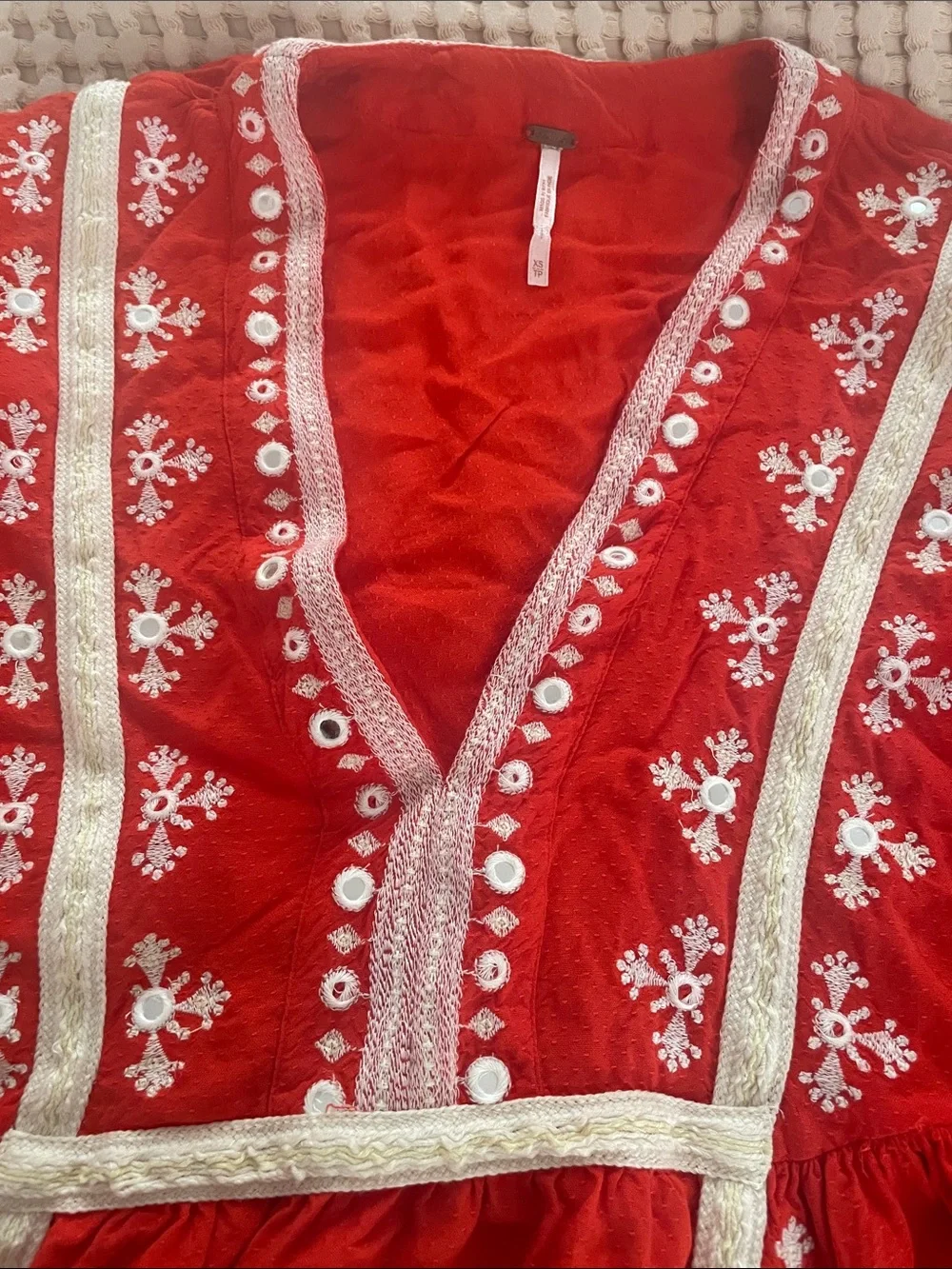 Free People Red Embroidered V-Neck Boho Blouse